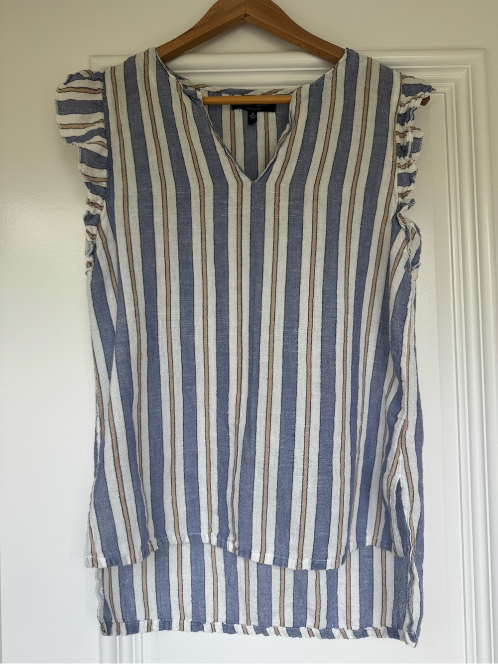 Romeo & Juliet Couture Blue, White & Tan Striped V-Neck Tank